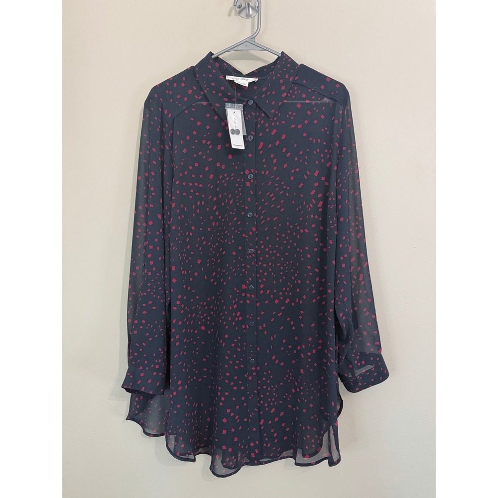 In Every Story Navy Red Confetti Print Sheer Chiffon Roll Tab Tunic Top Size X